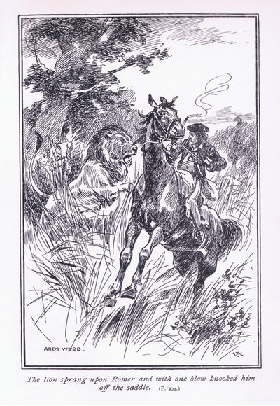 El león saltó sobre Romer y de un golpe lo derribó de su silla, 1900s de Archibald Webb