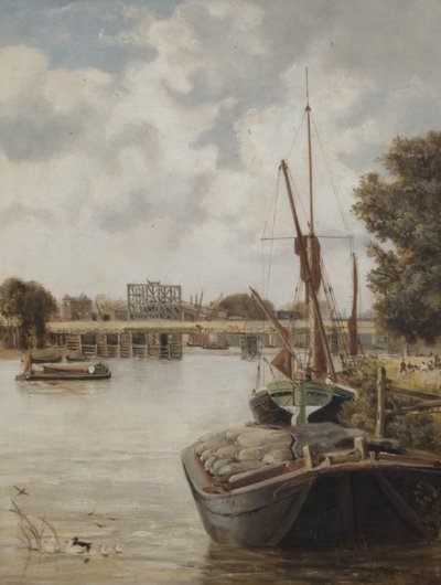 El actual puente de Hammersmith en construcción mostrando el puente temporal, 1886 de Archibald Webb