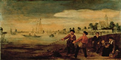 Pescadores en la orilla del Amstel, cerca del Pauwentuin, Ámsterdam de Arent Arentsz