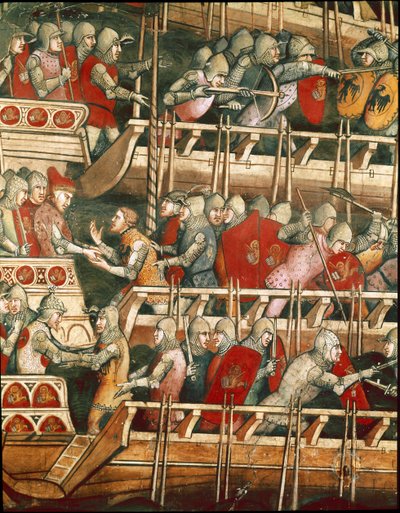 Batalla naval en Punta Salvore en el Golfo de Trieste. (Detalle) del intercambio de rehenes (Fresco) de Aretino Luca Spinello or Spinelli