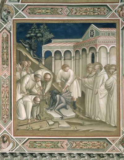 La piedra pesada (detalle) de la vida de San Benito (c.480-c.550), en la sacristía, 1387 de Aretino Luca Spinello or Spinelli