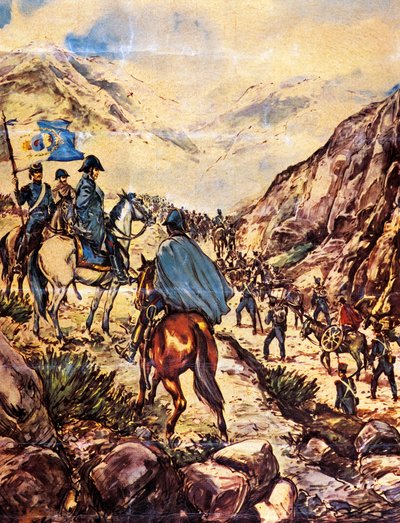 El general José de San Martín, también conocido como el Libertador del Sur, cruzando los Andes con su ejército en dirección a Perú. de Argentinian School