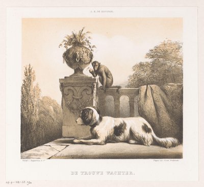 Perro y mono en la terraza The Faithful Watchman (título sobre el objeto) de Arie Ketting de Koningh