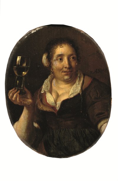 Una campesina con un vaso de vino en la mano (óleo sobre tabla) de Arie de Vois
