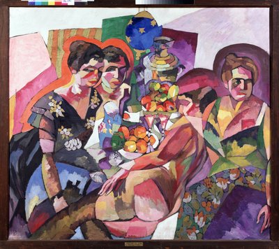 Mujeres y frutas. Tres mujeres con vestidos florales rodean fruteros, un samovar, una botella, una jarra y una mujer desnuda recostada. Pintura de Aristarkh Vasilyevich Lentulov (Lentulov) (1882-1943), óleo sobre lienzo de Aristarkh Vasilievic Lentulov
