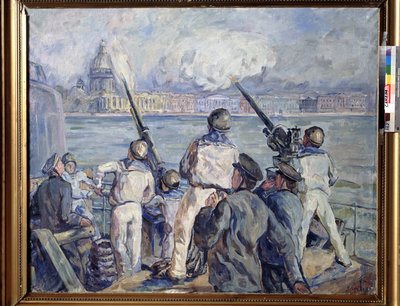 La défense de Sebastopol (La defensa de Sebastopol). Episodio de la Segunda Guerra Mundial (1939-1945): panorama de la ciudad de Crimea desde un barco militar ruso cuyos marineros ametrallaron al sitiador alemán (asedio 1941-1942). Pintura de Arista de Aristarkh Vasilievic Lentulov