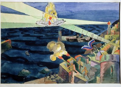 Una Batalla Naval. Defendiendo la costa fortificada, los cañones disparan contra un acorazado que se rompe en pedazos en medio de explosiones. Obra de Aristarkh Vasilyevich Lentulov (Lentulov) (1882-1943), acuarela sobre papel de Aristarkh Vasilievic Lentulov