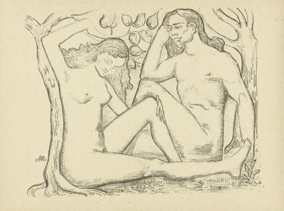 Adán y Eva sentados junto al árbol hombre y mujer desnudos L