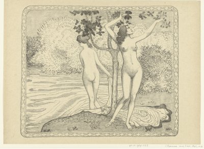 Twee badende vrouwen bij waterkant
Zomer
Dos bañistas desnudos bajo un árbol al borde del agua
Verano
L