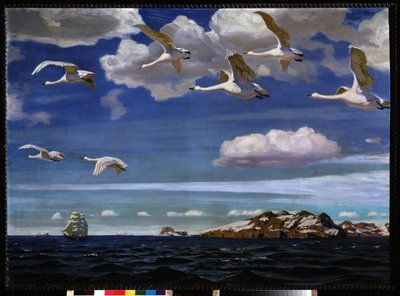 Libertad azul. Migración de gansos salvajes volando sobre el mar. Pintura de Arkadi (Arkady) Alexandrovich Rylov (1870-1939), óleo sobre lienzo de Arkadij Aleksandrovic Rylov
