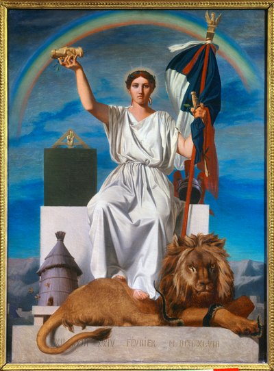 La República. Alegoría que representa a la república como una mujer con una corona de laurel, símbolo de la paz, que sostiene la bandera tricolor y el nivel, símbolo de la igualdad. Sus pies descansan sobre un león, símbolo de la fuerza, que se encuentra c de Armand Cambon
