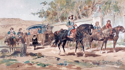 Diligencia pública tirada por caballos, o coche, del siglo XVII con escolta montada, 1886 de Armand Jean Heins
