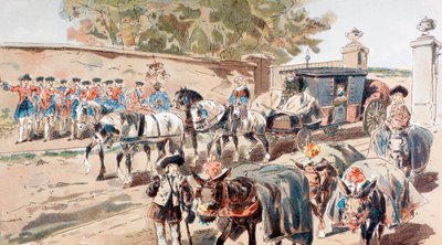 Una diligencia entrando en un recinto amurallado y pasando entre una banda y un tren de burros de Armand Jean Heins