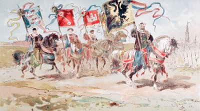 Jinetes llevando banderas de la Liga Hanseática y de las ciudades pertenecientes a la Liga, siglo XVI, 1886 de Armand Jean Heins