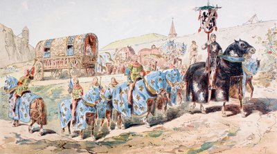 Noble en carruaje tirado por caballos escoltado por trompetistas en el siglo XIII de Armand Jean Heins