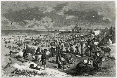 Playa de Ostende. Grabado de A.Heins, para ilustrar la historia “La Belgique”, de Camille Lemonnier (1844-1913), escritor y crítico de arte. Publicado en Le Tour du Monde. de Armand Jean Heins