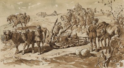Trineo tirado por bueyes y caballos de carga en tiempos primitivos de Armand Jean Heins