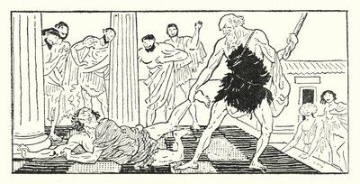 Ulises arrastrando a Irus fuera de la sala (lito) de Armand Joseph Bonamy