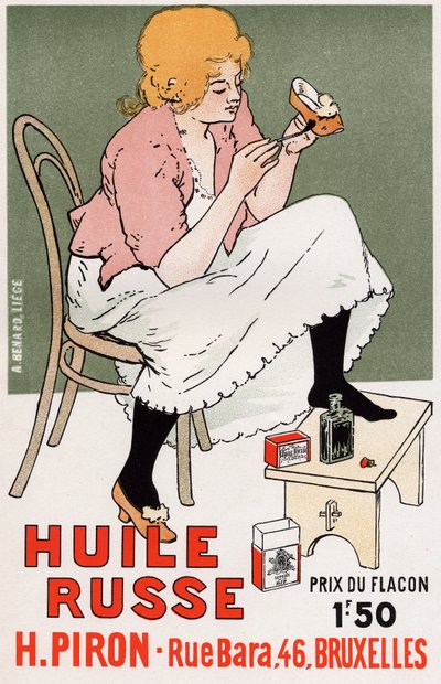 Estilo de vida. Moda. Aceite ruso, reparación de zapatos. Póster de Armand Rassenfosse, Bélgica, c.1895 de Armand Rassenfosse