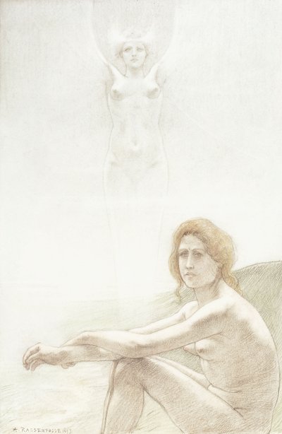 Desnudo femenino sentado con figura femenina fantasmal en el fondo de Armand Rassenfosse