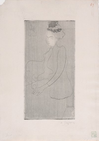 Femme assise avec chapeau a plumes (Mujer sentada con sombrero de plumas) c.1893 (aguafuerte) de Armand Séguin