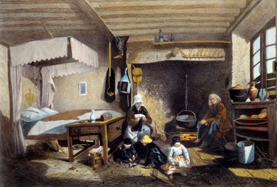 Interior campesino cerca de Royat en Auvernia. La madre está cosiendo, el padre está sentado junto a la gran chimenea mientras los niños juegan. Litografía de Armand Théophile Cassagne (1823-1907) siglo XIX. Museo Nacional de Artes y Tradiciones Populares, de Armand Theophile Cassagne