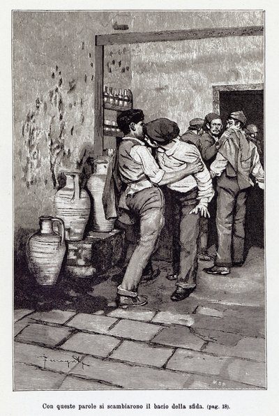 Invitación al duelo siciliano por el mortal “beso”, en realidad una mordida en la oreja. Ilustración de Arnaldo Ferraguti para la nueva “Cavalleria Rusticana” de Giovanni Verga. 1897 de Arnaldo Ferraguti