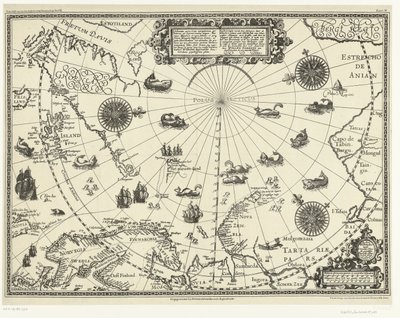 Mapa de los países alrededor del Círculo Polar Ártico que muestra los tres viajes de los holandeses, 1598 Descripción de los tres seylagien realizados por los holandeses y Noordt syde van Noorweghen, Moscovia, nova Sembla y a través de la parte de Groenlan de Arnaud A.J. Pistoor