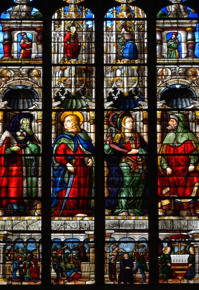 San Matías, Esdras, el profeta Habacuc y la Sibila Tiburtina - Vidriera de la Capilla de la Pasión, de Arnaud de Moles (1470-1520) completada en 1513 - Catedral Sainte Marie d