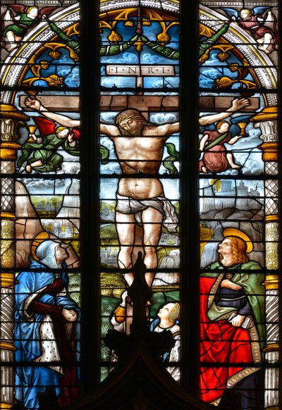 La Crucifixión, con la Virgen María, San Juan y María Magdalena al pie de la Cruz - Vidriera en la capilla del Santísimo Sacramento, por Arnaud de Moles (1470-1520) completada en 1513 - Catedral Sainte Marie d