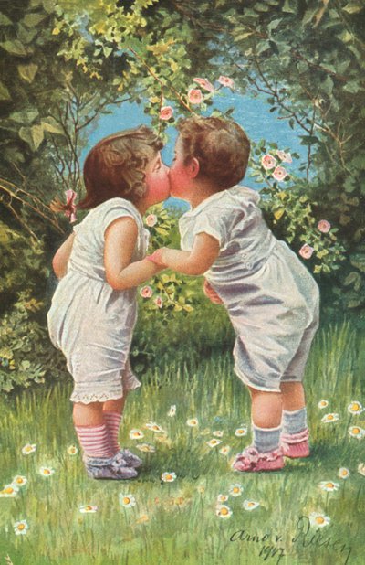 Niño y niña besándose en un jardín (litografía en color) de Arno von Riesen Riesen