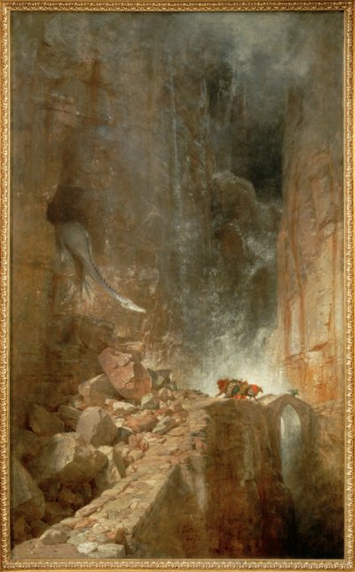 Ein Drache in einer Felsenschlucht - Un dragón en un desfiladero rocoso ... (pintura sobre lienzo) de Arnold Böcklin
