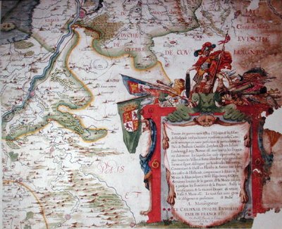 Cartucho con una dedicatoria al Cardenal Richelieu y un mapa de los Países Bajos en la época de la Guerra de los Treinta Años, de 
