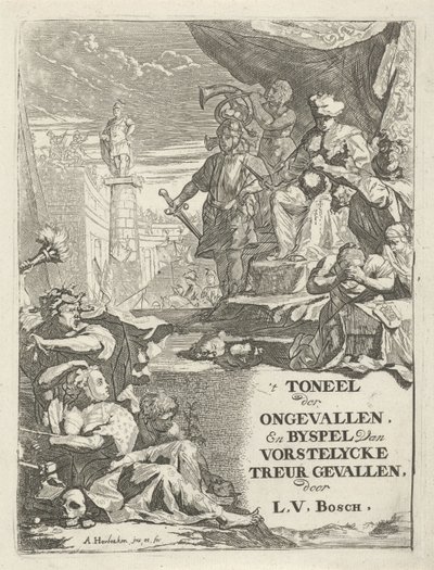 Cabezas cortadas para un monarca en un trono Página de título para: L. van den Bos, El teatro de los accidentes y obra paralela de duelo de vorstelycke, 1699 de Arnold Houbraken