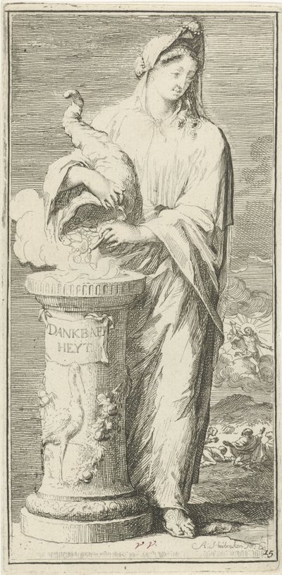 Gratitud personificada Dankbaerheyt (título sobre el objeto) Cuarenta y una piezas, varias estatuas de Sinne (título de la serie) de Arnold Houbraken