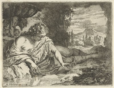 Narciso Escena de estatuas de pecado abiertas al servicio de pintores, estatutarios, etc. (título de la serie) de Arnold Houbraken
