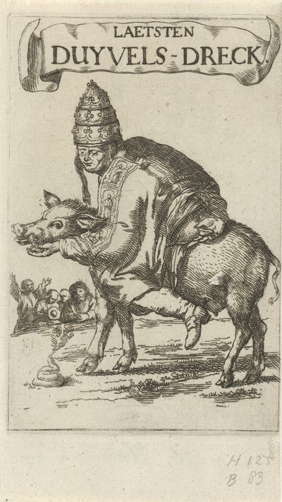 Pausa en un cerdo Página de título para: J. Lydius, Laetsten duyvels-dreck, 1687 de Arnold Houbraken