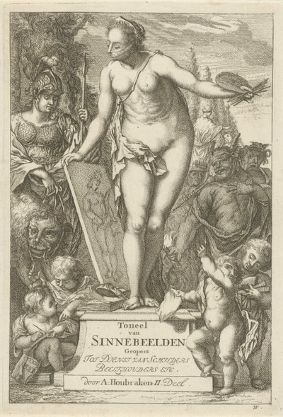 Personificación de la pintura sobre un pedestal. Impresión del título de: Toneel van sinnebeelden, segunda parte Escena de estatuas de pecado abiertas al servicio de pintores, porta imágenes, etc. (título de la serie sobre el objeto) de Arnold Houbraken