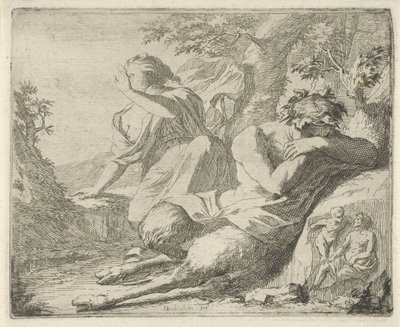 El sátiro y la figura femenina cubren los ojos de la luz del sol. Escena de estatuas de pecado abiertas al servicio de pintores, estatutarios, etc. (título de la serie) de Arnold Houbraken