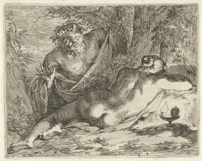 Ninfa dormida espiada por un sátiro
Escenario de imágenes de sinne abierto al servicio de los pintores portaimágenes, etc. (título de la serie) de Arnold Houbraken