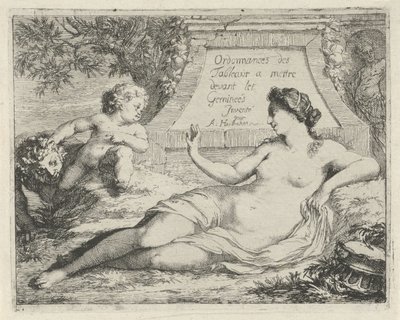 Venus espiada por un sátiro Ordonnances des tableaux a mettre devant les Gemineés (título sobre el objeto) Escena de estatuas de pecado abiertas al servicio de pintores, estatutarios, etc. (título de la serie) de Arnold Houbraken