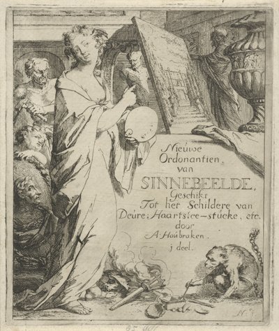 Figura femenina con paleta apuntando a una pintura. Impresión del título de: Toneel van Sinnebeelden, tercera parte New Ordonantien van Sinnebeelde, Adecuado para pintar por Deure Haartslee-stucke, etc. (título del objeto) Escena de imágenes de pecado abie de Arnold Houbraken