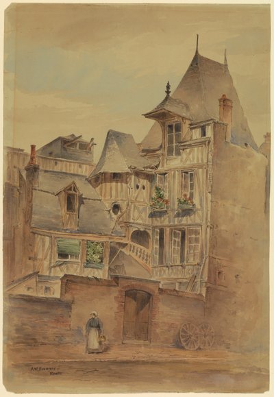 Dibujo, Escena callejera con casas medievales, ca. 1885 de Arnold William Brunner