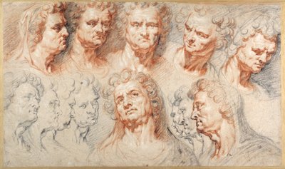 Trece estudios basados en una cabeza imperial romana (tizas negra y roja con tinta marrón sobre papel blanco) de Arnold or Artus the Elder Quellin I