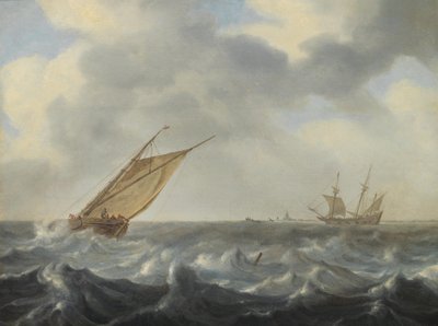 Un cúter pesquero y un dos mástiles en mar picado cerca de una costa de Arnoldus van Anthonissen