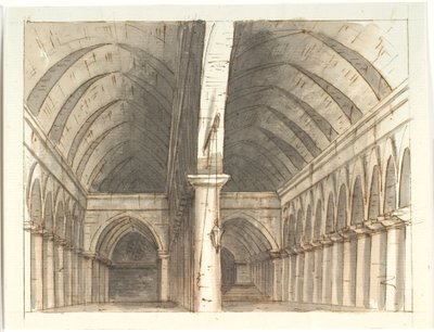 Interior de la planta baja de una iglesia (?) con columnas y bóvedas de Aron Wallick