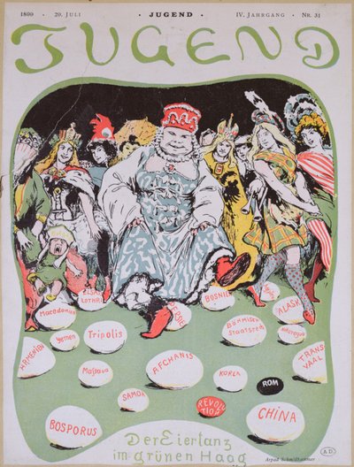 Baile del huevo, caricatura sobre la Primera Conferencia de Paz de La Haya, de la revista alemana Jugend, 29 de julio de 1899 de Arpad Schmidhammer