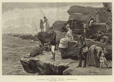Pescando en Filey Brigg, Yorkshire (grabado) de Arthur (after) Hopkins