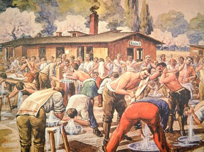 Prisioneros de guerra aliados en sus abluciones en el campo de prisioneros alemán de Geissen (litografía en color) de Arthur (after) Nantel