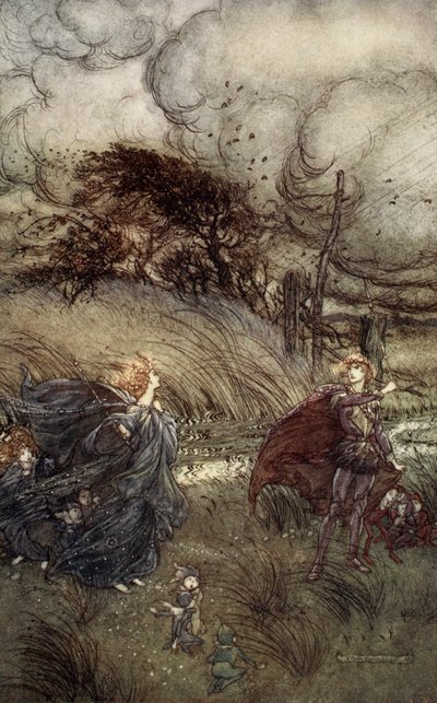 Y ahora nunca se encuentran en arboleda o verde, por fuente clara o luz estrellada brillante. Pero se pelean, ilustración de 